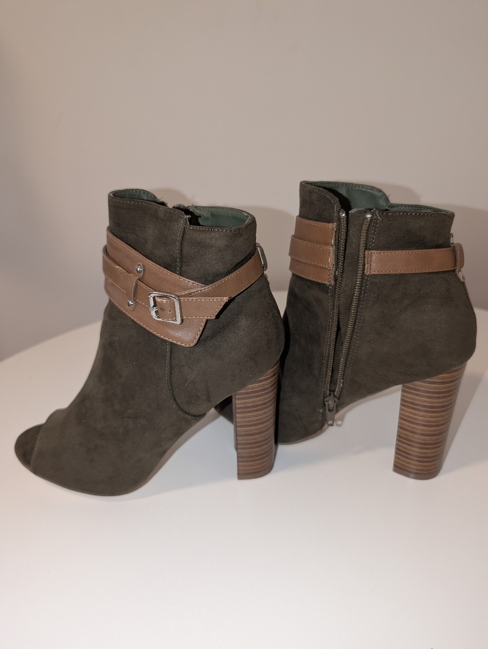 Just Fab Women’s Olive Suede Ankle Boots with Brown Faux Leather Strap Accent